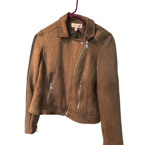 Philosophy Tan Faux Suede Moto Jacket WomenS Size S With Asymmetrical Zipper Clo - Picture 1 of 4